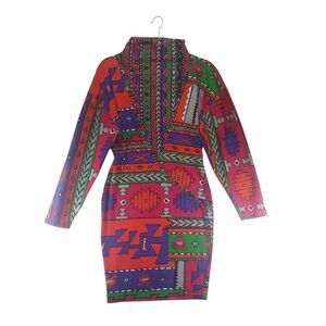S 90s Climate Aztec Print Bodycon Mock Turtleneck Dress Mini Cotton Knit VTG 80s